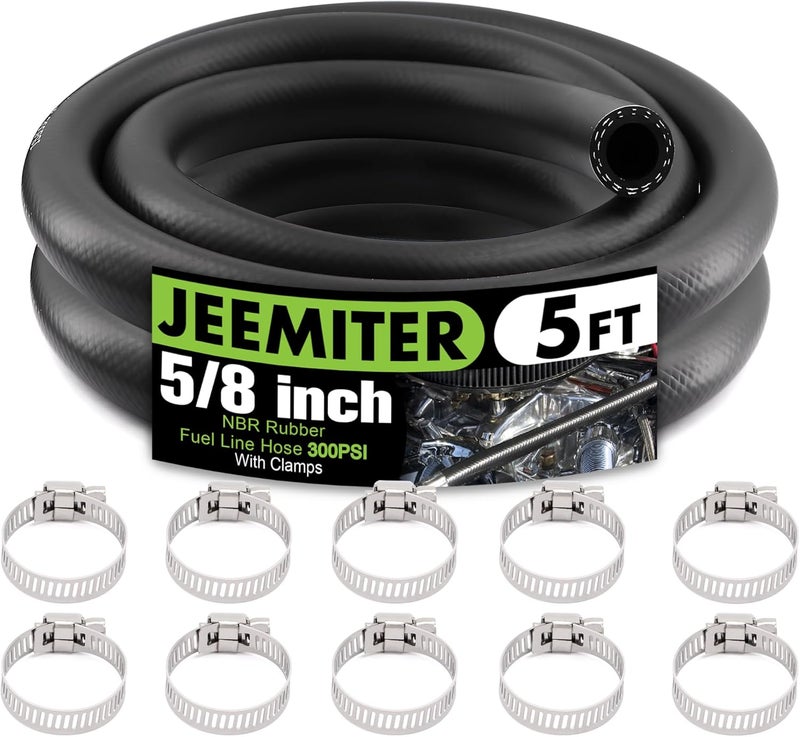 Jeemiter 5/8" ID Fuel Line Hose 5FT - Extra High Flow SAE 30R7 NBR Rubber - Large Diameter Kit with 10 Clamps for High HP Diesel, Racing, Marine & Industrial Use - Image 1